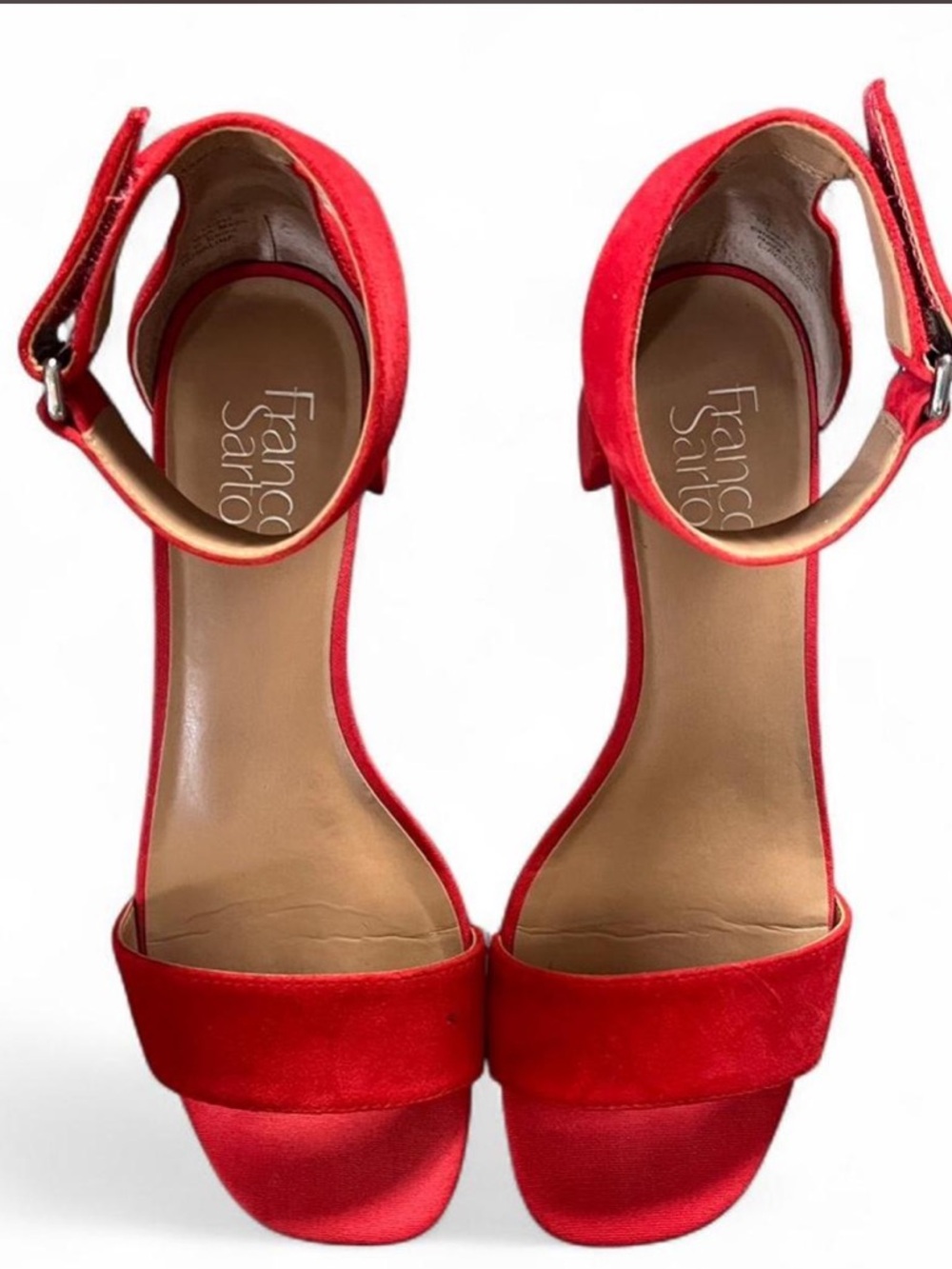 Franco Sarto Red Ankle-Strap Open-Toe Block Heels
